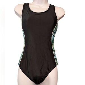 Catalina brand one-piece swimsuit in black with a geometric pattern on the sides